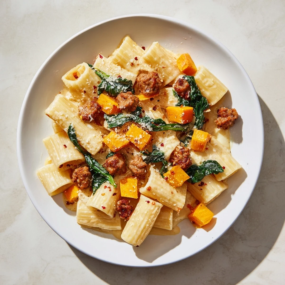 Close-up of Creamy Rigatoni with Butternut Squash and sausage; inviting and ready to be served.