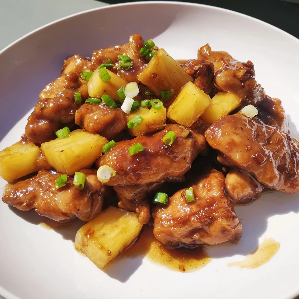 Tender, glistening Brown Sugar Pineapple Chicken, ready to serve with pineapple chunks and rice.