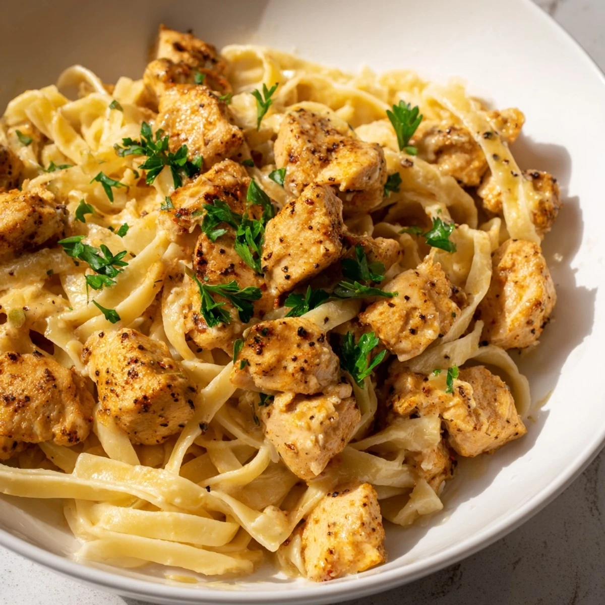 Creamy Cowboy Butter Chicken Pasta: a close-up photo shows the finished dish, ready to savor and enjoy.
