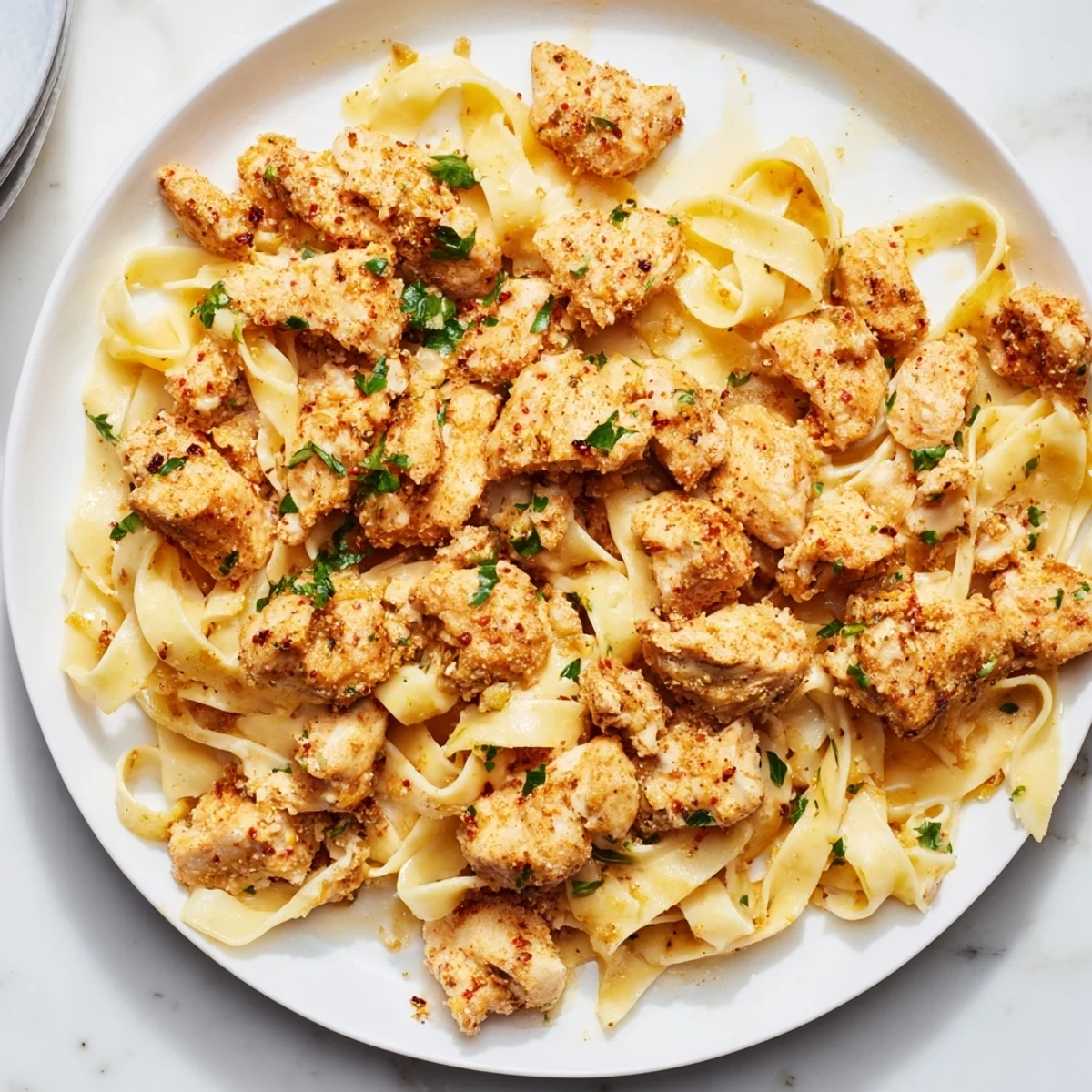 A comforting serving of Cowboy Butter Chicken Pasta offers tender chicken covered in a creamy sauce and perfect pasta.