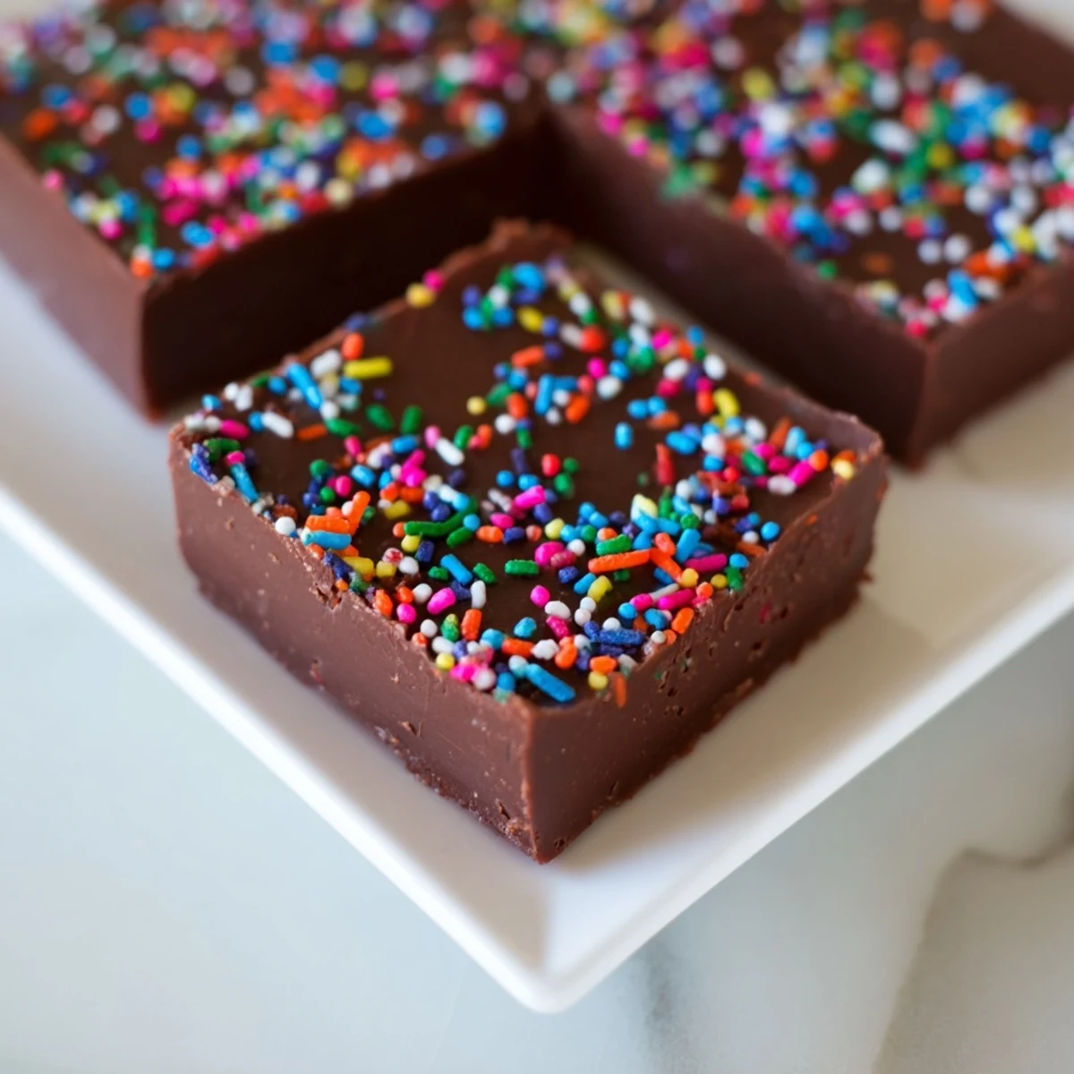 Close-up of glistening 3-Ingredient Christmas Fudge Squares dusted with colorful holiday sprinkles, ready to serve.