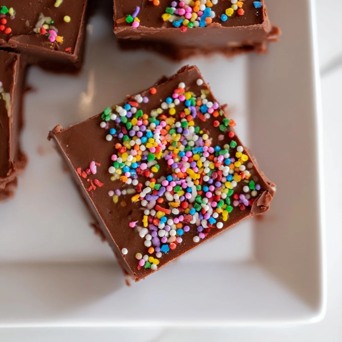 Melting chocolate and sprinkles adorn these easy 3-Ingredient Christmas Fudge Squares—a delightful homemade treat.