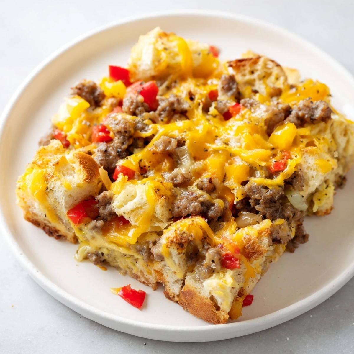 Golden, bubbly Lightning-Fast Breakfast Sausage Casserole, a savory morning meal with cheese and sausage.