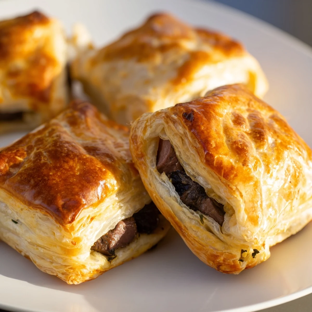 Golden, flaky Simplified Christmas Beef Wellington Bites, showcasing tender beef and mushroom filling, ready for serving.