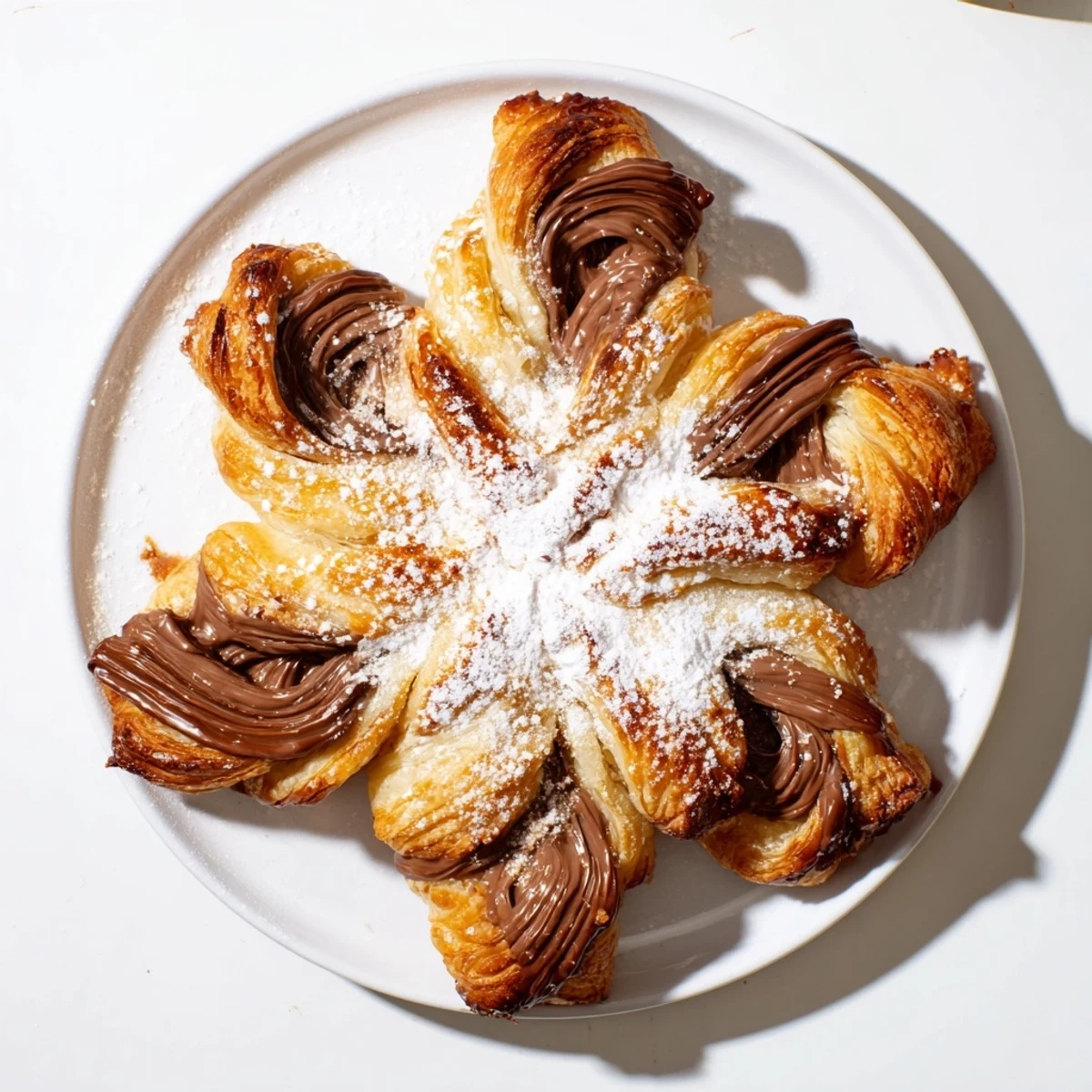Golden, flaky Express Nutella Puff Pastry Snowflakes dusted with powdered sugar, perfect for a cozy dessert.