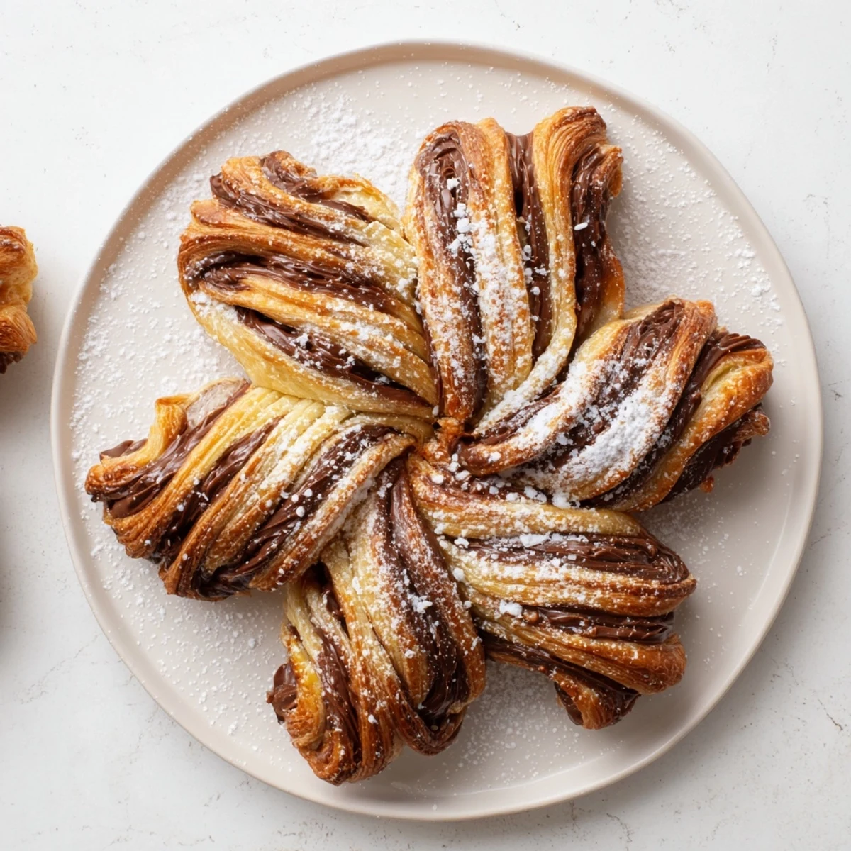 Close-up of baked, twisted Express Nutella Puff Pastry Snowflakes, showcasing the rich Nutella filling and golden layers.