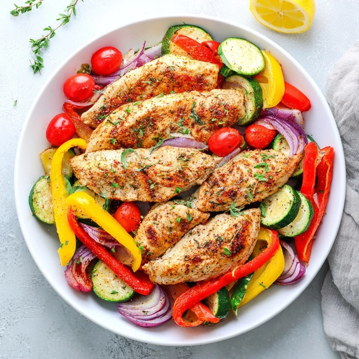Sheet pan lemon oregano chicken cutlets with roasted vegetables, a healthy Mediterranean meal.