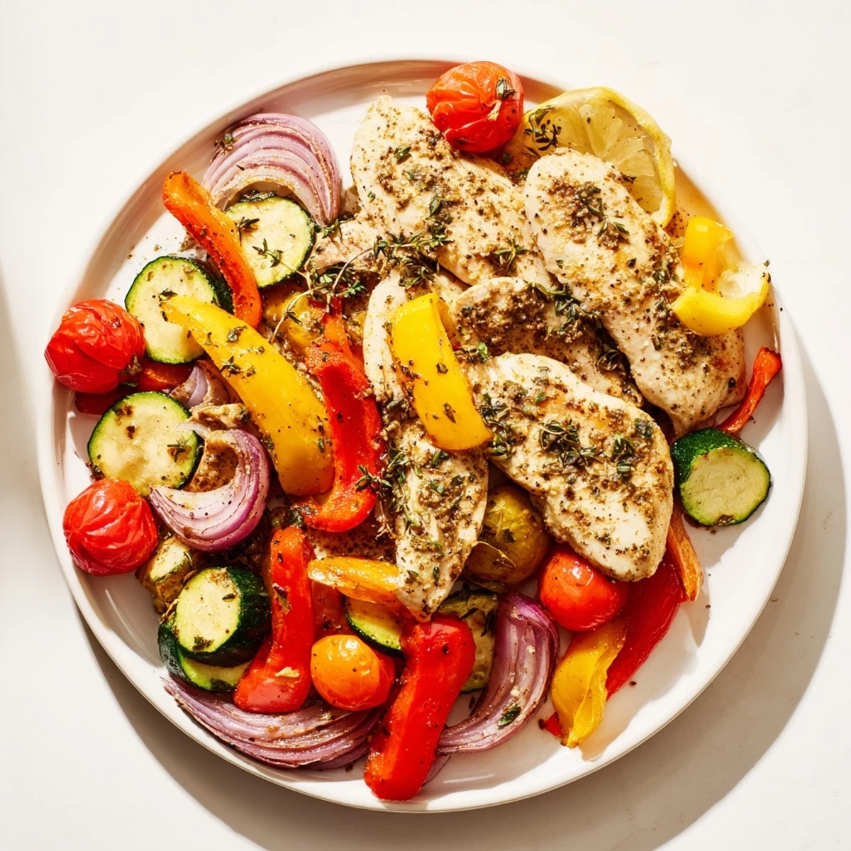 Juicy sheet pan lemon oregano chicken cutlets alongside vibrant, tender roasted bell peppers and zucchini.