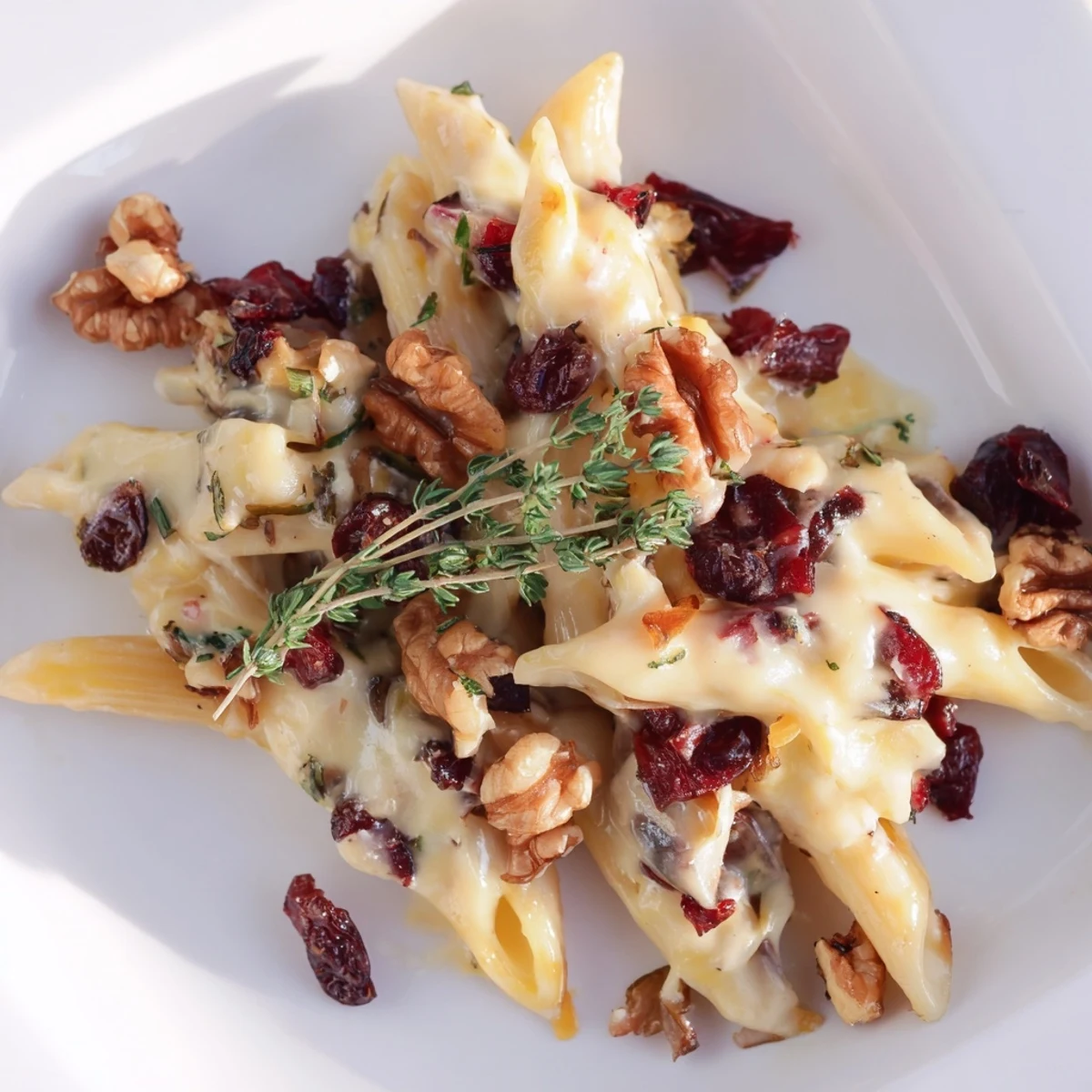 Golden-topped Baked Brie & Cranberry Pasta, a flavorful main featuring melted brie with sweet cranberries.