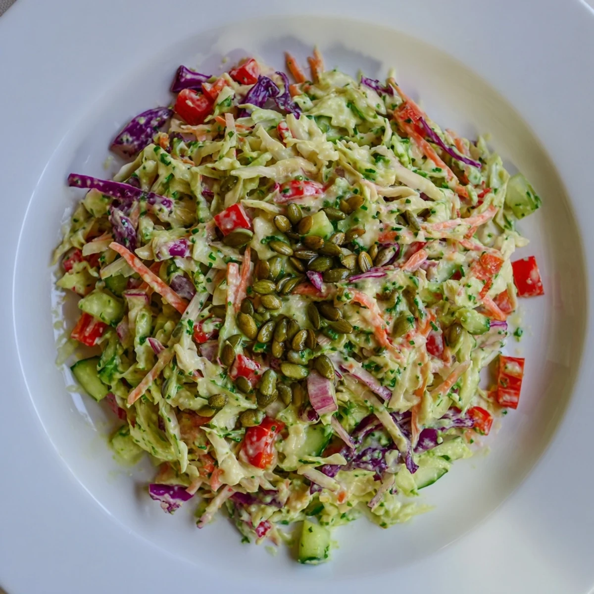 Close-up of a bowl of the vibrant Green Goddess Confetti Chop Slaw, ready to eat and enjoy.