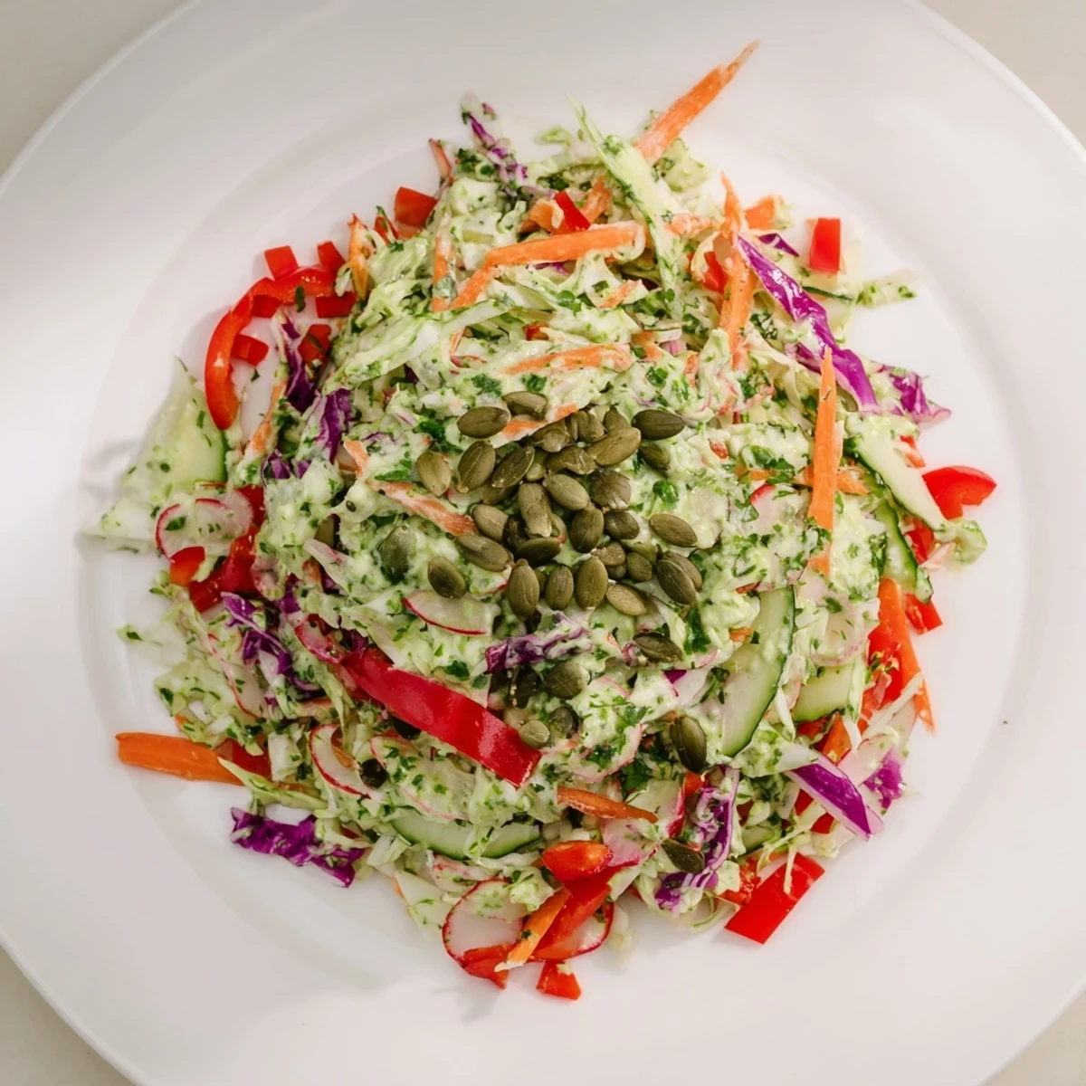 Bright and colorful Green Goddess Confetti Chop Slaw with visibly fresh, crunchy vegetables and creamy dressing.