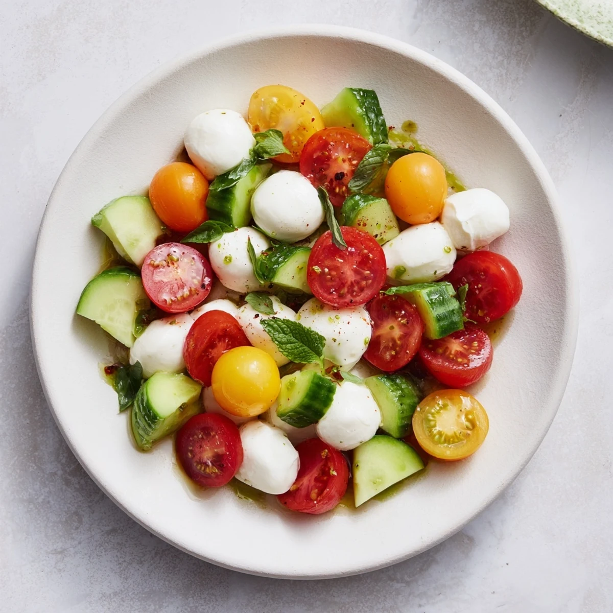 Vibrant Simple Holiday Chopped Caprese Salad with red and yellow tomatoes, fresh mozzarella, and basil.