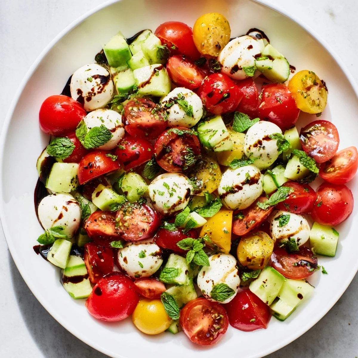 Bright and flavorful Simple Holiday Chopped Caprese Salad, tossed with olive oil and balsamic glaze on a plate.