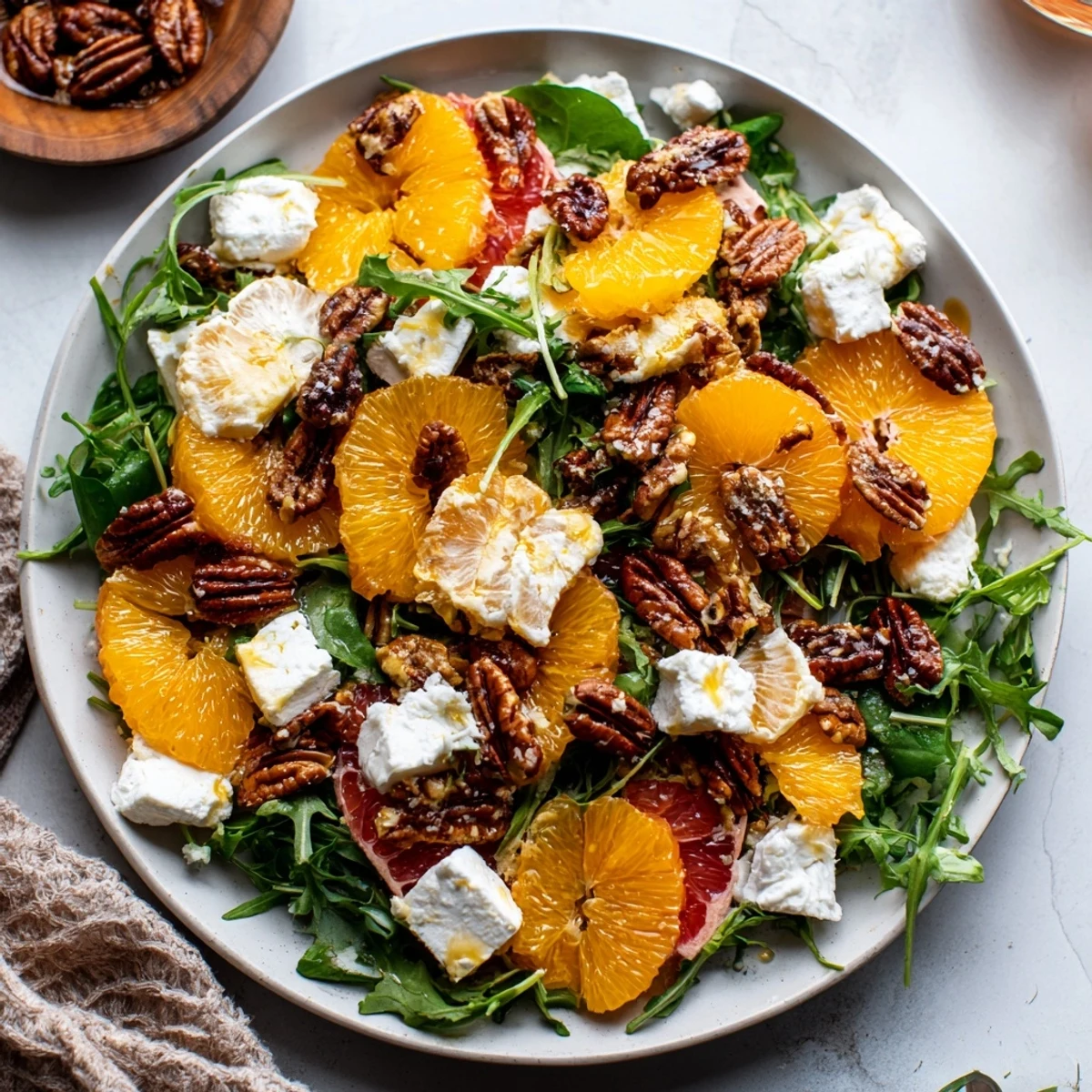 Fresh Winter Citrus & Candied Pecan Salad with glistening honey-citrus dressing and crunchy pecans.