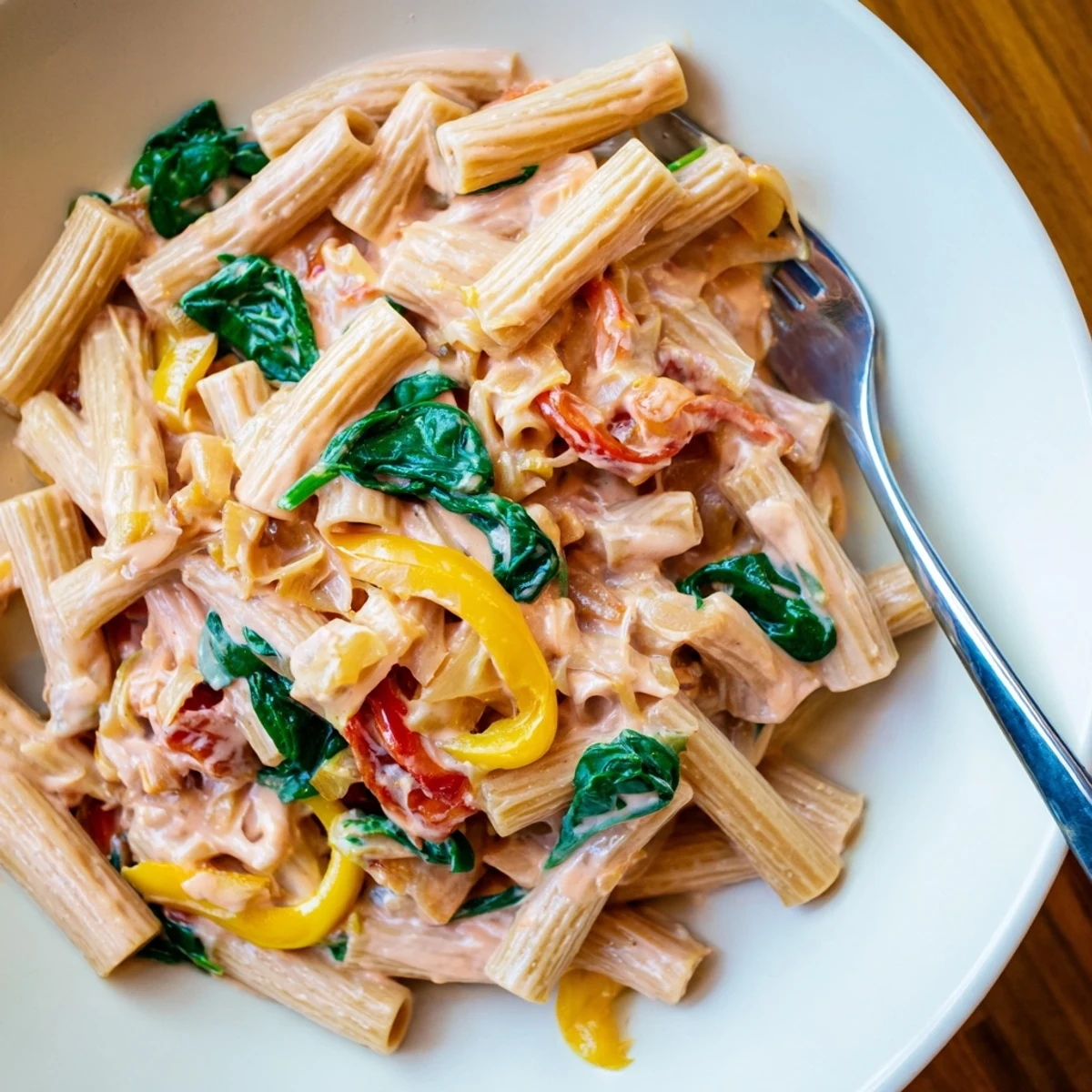 Beautifully plated Lightened-Up Vodka Rosé Christmas Pasta, showcasing the festive red and green colors and flavors.