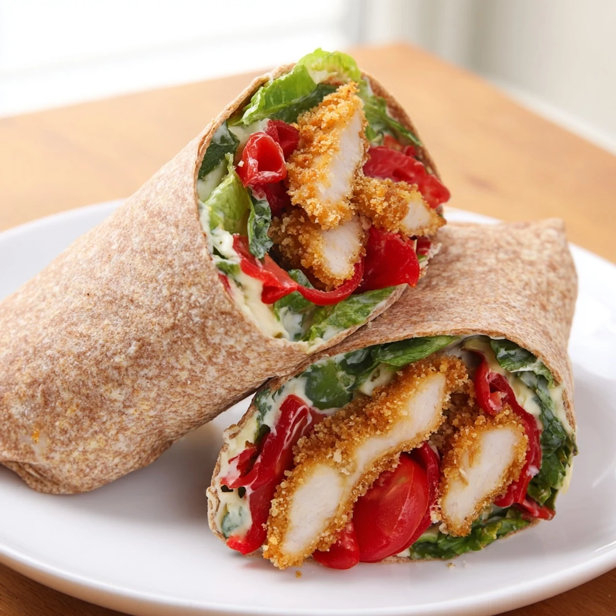 A close-up of a Santa Hat Chicken Caesar Wrap filled with fresh ingredients, ready to eat!