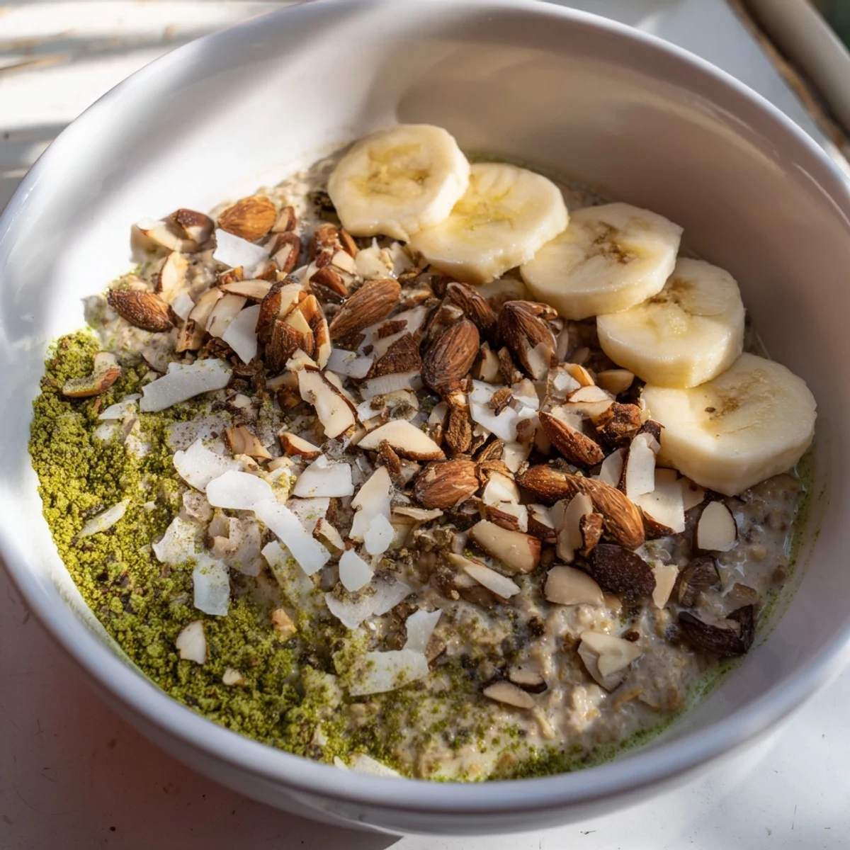 Creamy High-Protein Eggnog Matcha Overnight Oats with banana slices and toasted coconut, ready to eat.