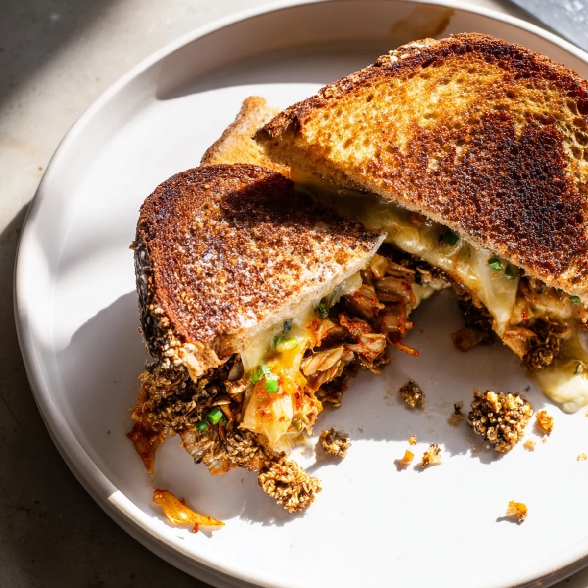 Golden, melty Skillet Kimchi & Cheddar Fusion Grilled Cheese, with visible kimchi and oozing cheddar cheese.