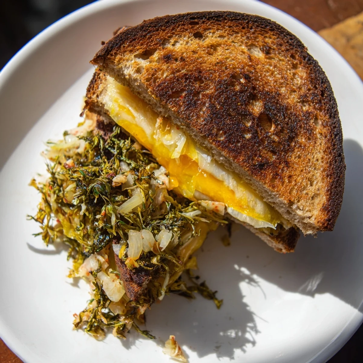 A perfectly toasted Skillet Kimchi & Cheddar Fusion Grilled Cheese, ready to be sliced, offering a flavorful bite.