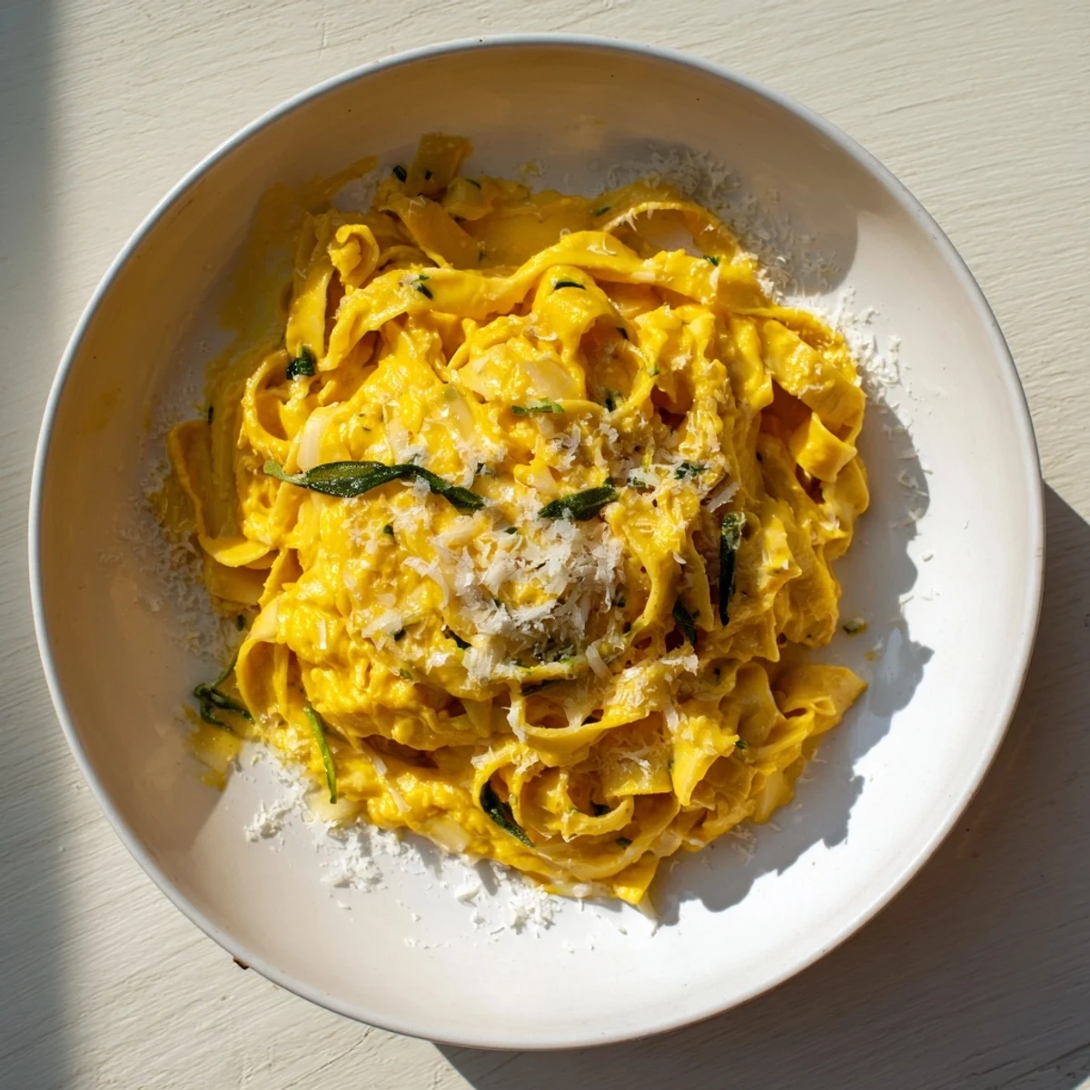 Vibrant orange Healthy Creamy Pumpkin Sage Pasta, a cozy autumn dish with Parmesan cheese.