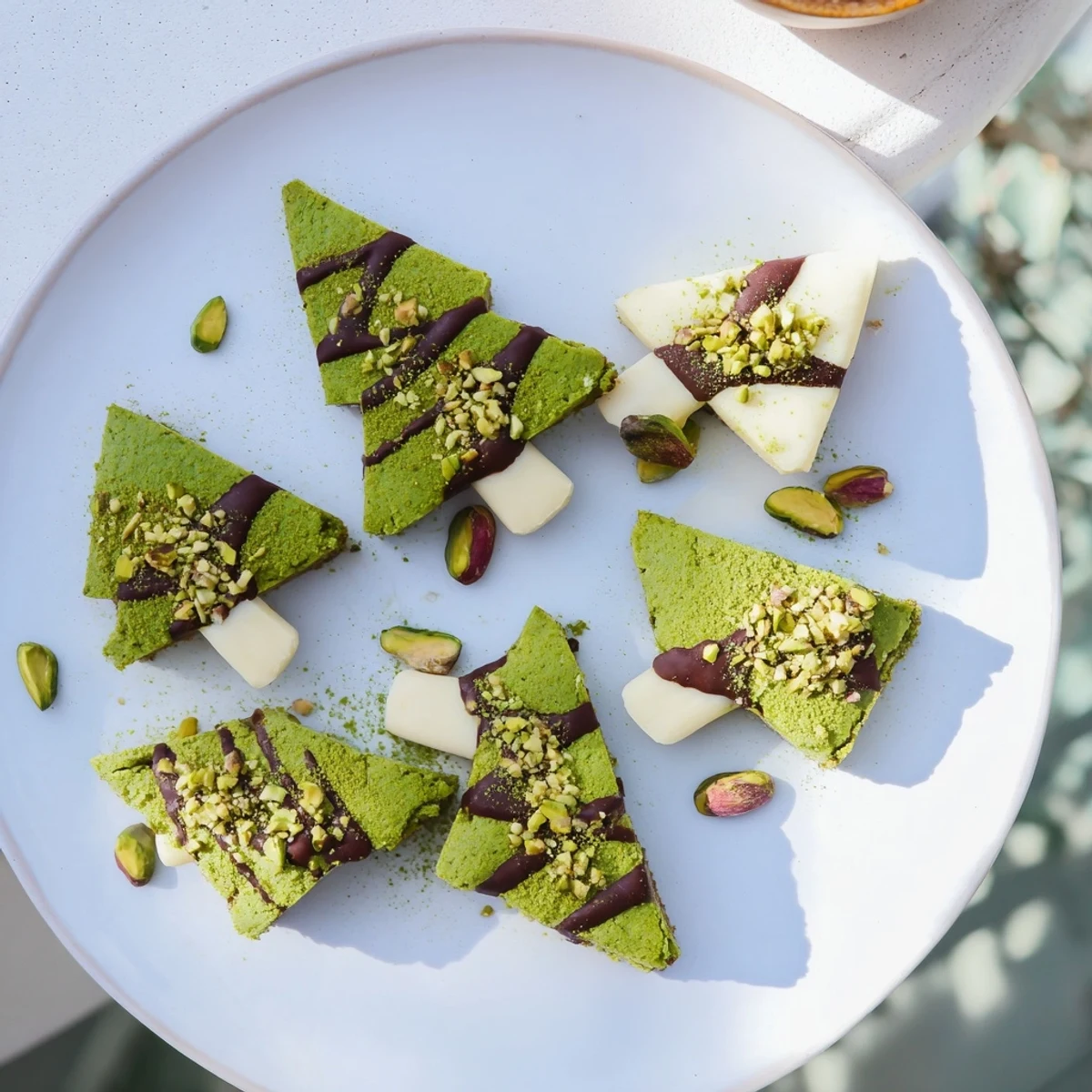 These chewy Matcha Pistachio Christmas Tree Blondie Bars feature a vibrant green color and crunchy pistachio pieces.