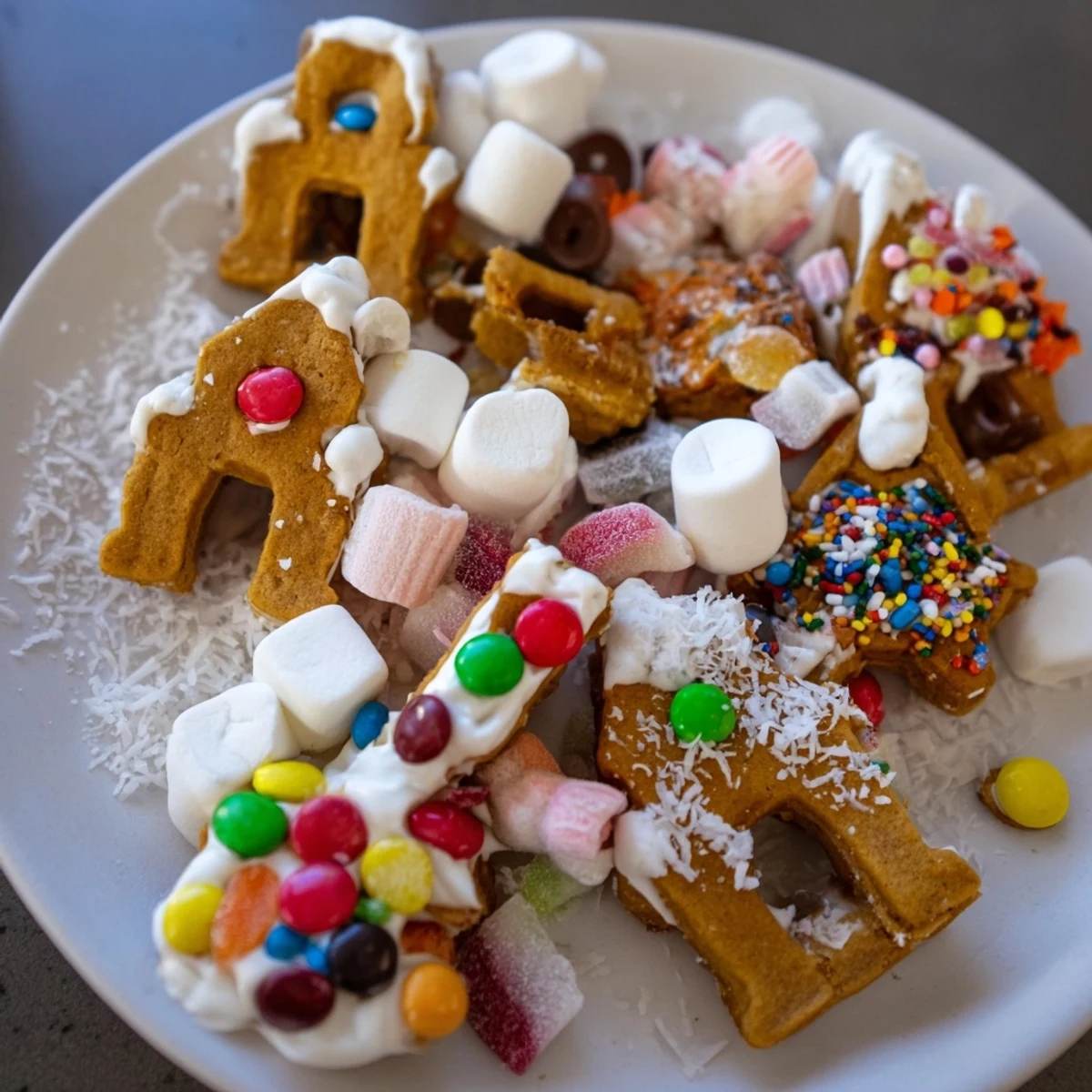 A beautifully arranged Gingerbread House Board with colorful candies and gingerbread walls is ready to be built.