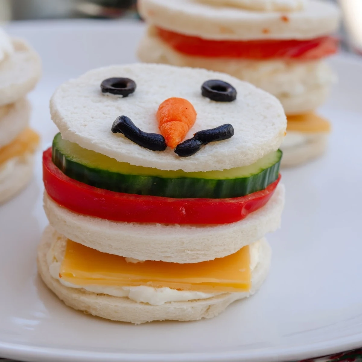 Stack of colorful Snowman Sandwich Stack, complete with olive eyes and carrot noses.
