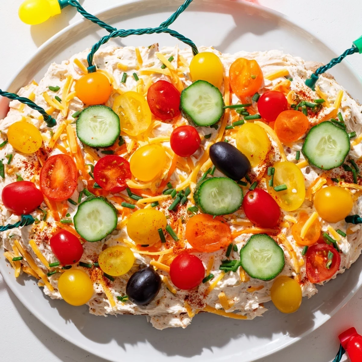 A festive holiday display of Christmas Lights Appetizer, bursting with colorful veggies and creamy cheese.