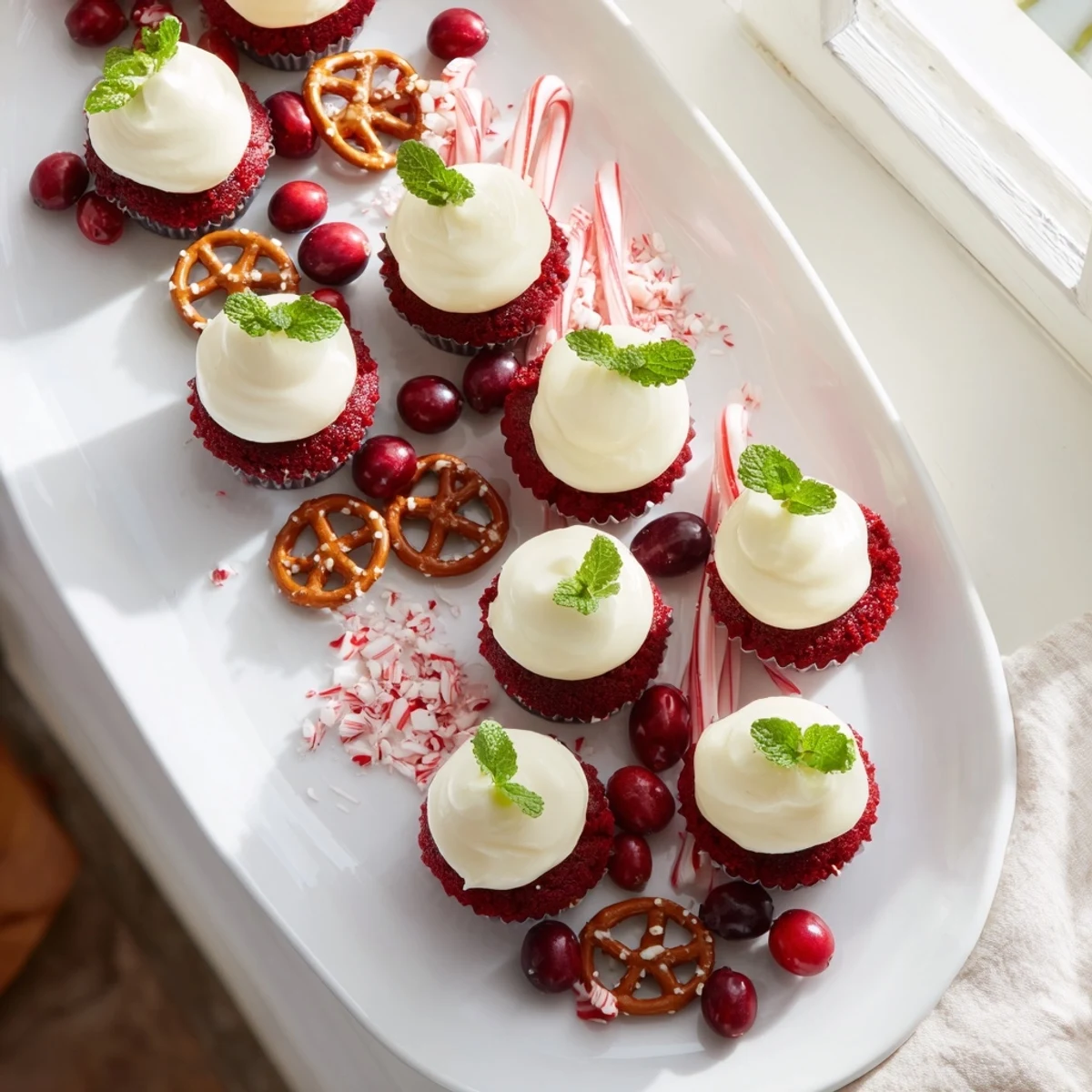 Candy Cane Striped Platter arranged with red and white treats, perfect for a festive holiday dessert table.