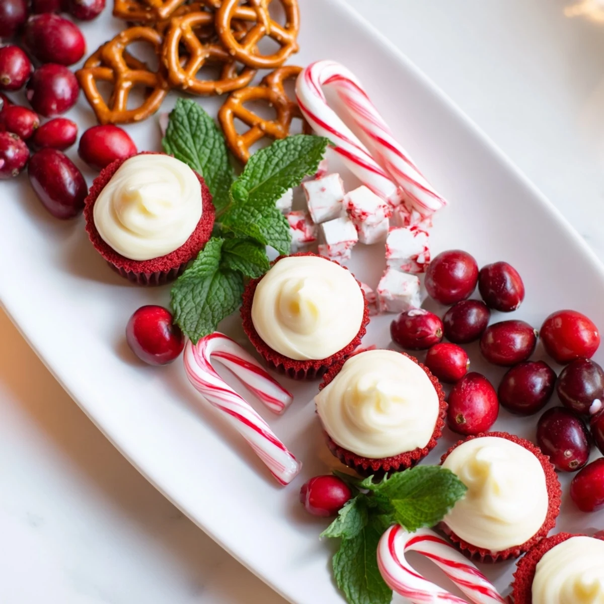 A vibrant candy cane striped platter offers a delicious array of red and white sweets for Christmas.