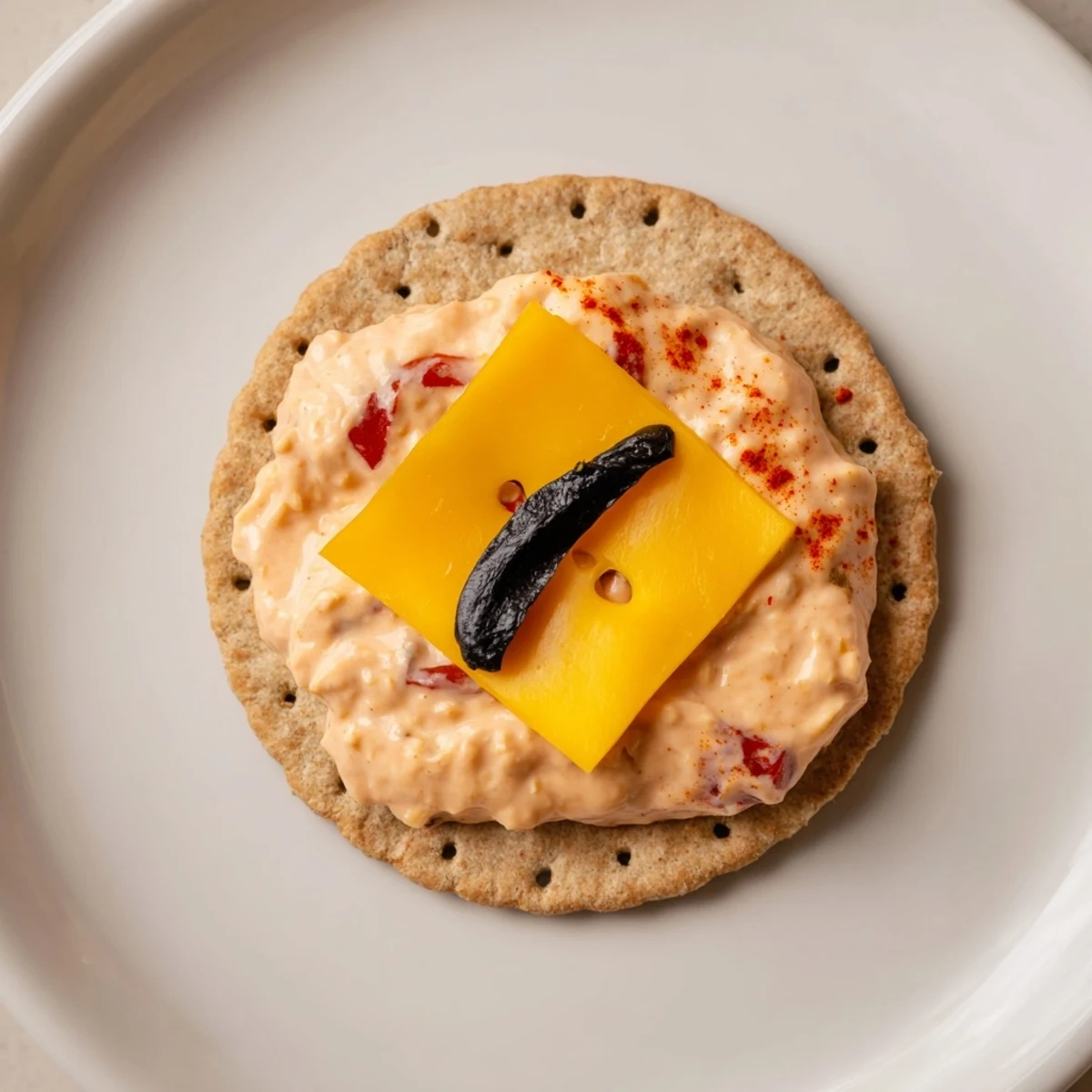 Festive Santa's Belt Crackers, topped with creamy red pepper dip and black olive belts, ready to enjoy.