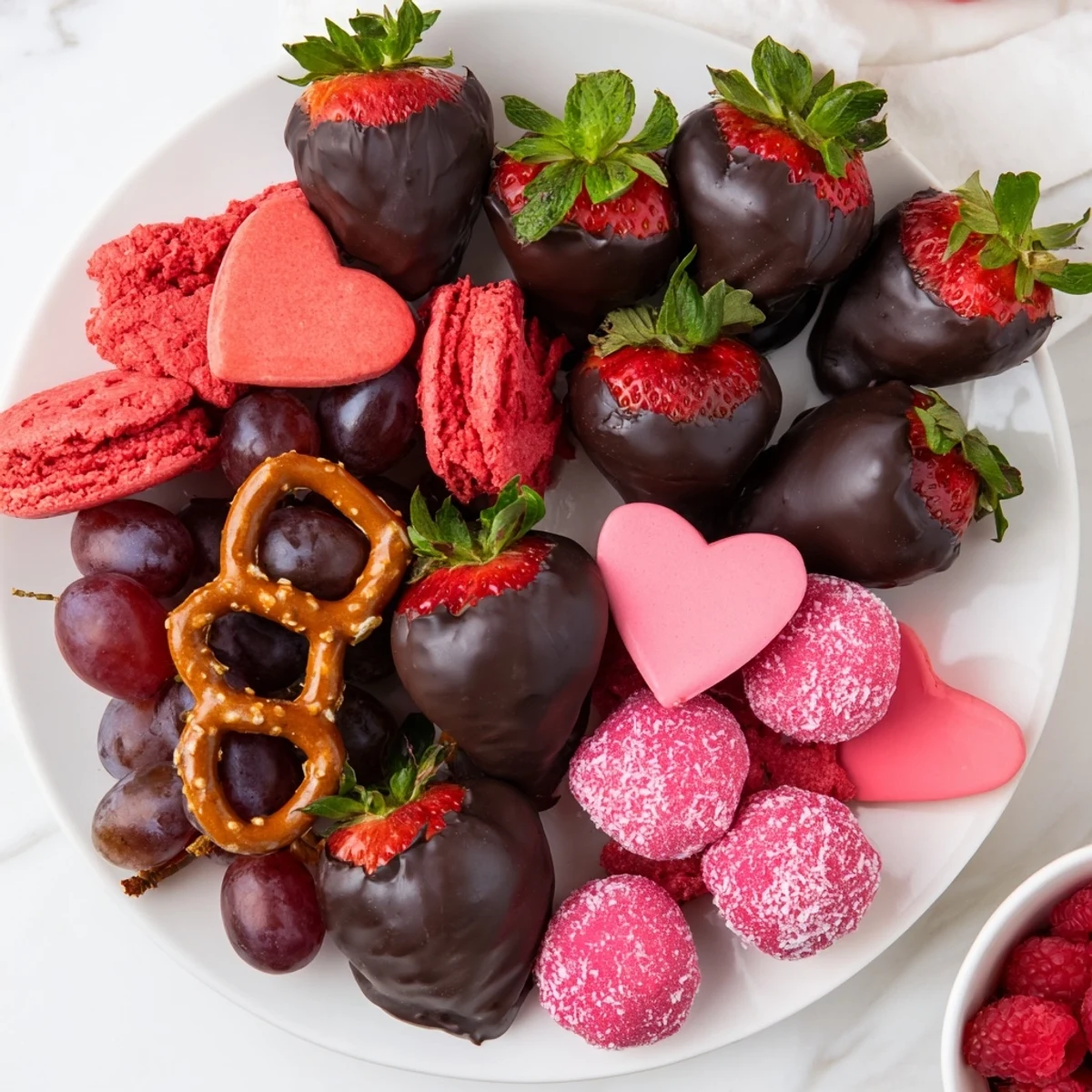 Sweetheart Valentine's Day Board overflowing with chocolate strawberries, macarons, and fresh fruit for romance.