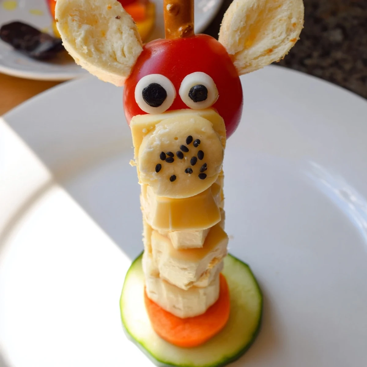Kid-friendly and whimsical Long-Necked Giraffe Snack Towers showcase a playful arrangement of healthy snack ingredients.