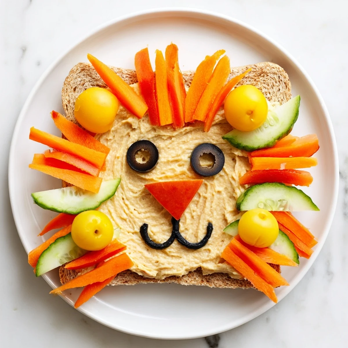 King of the Jungle Lion Lunch Board with carrots, olives, and cheese, an adorable children's lunch.