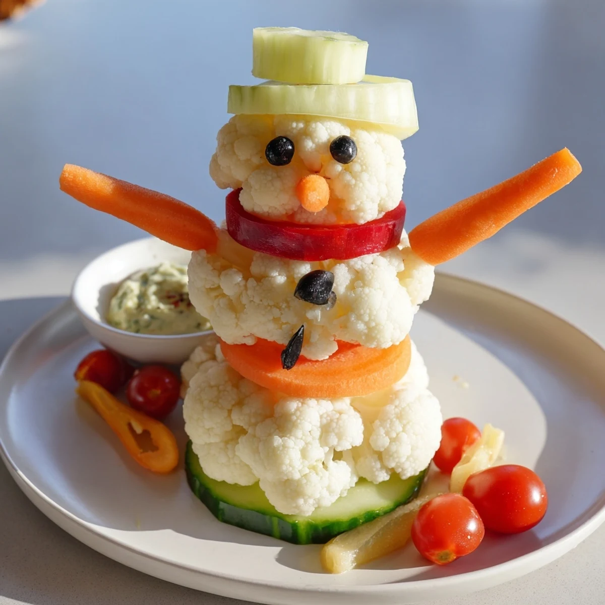 Healthy snowman crudités with dip, featuring crisp carrots and peppers on a serving platter.