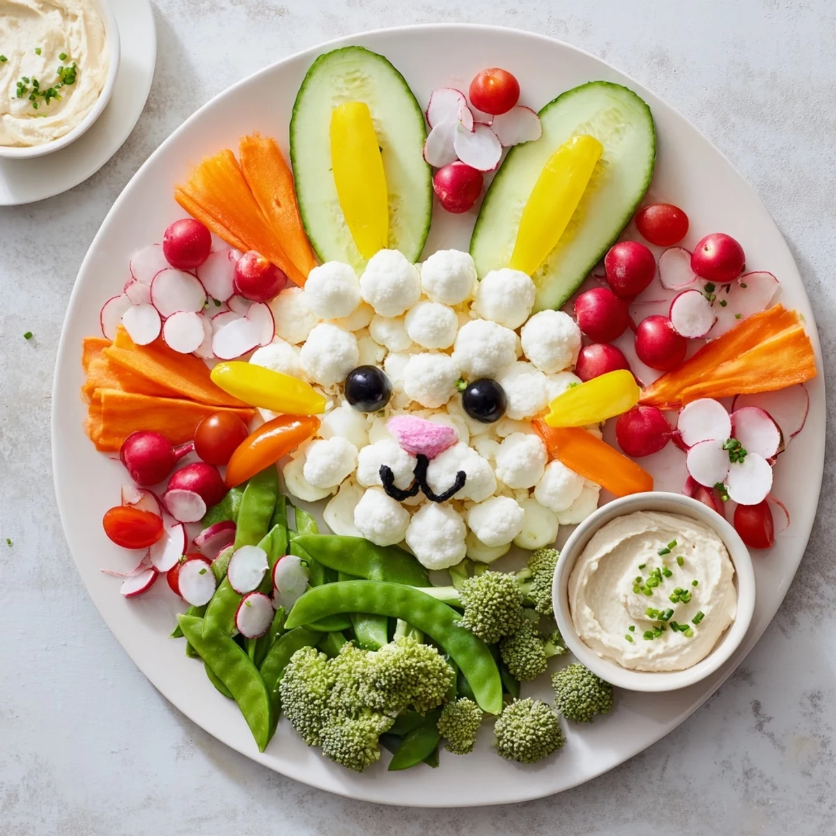 This festive Easter Bunny Spring Platter features a delightful bunny made from fresh, vibrant vegetables.