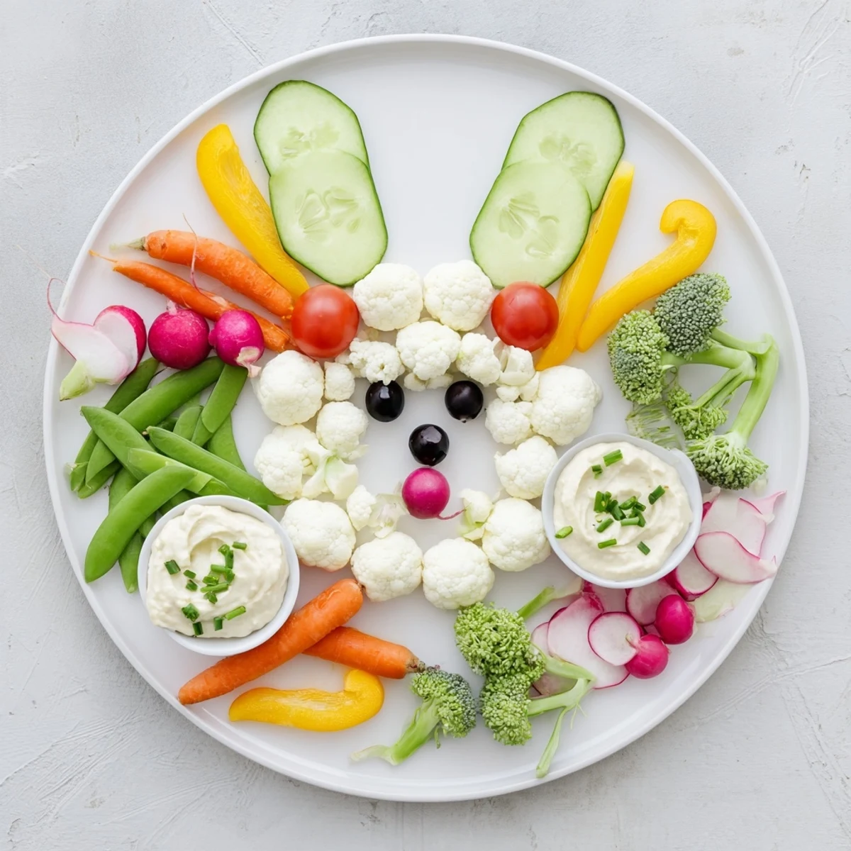 Enjoy a delicious Easter Bunny Spring Platter: a vegetarian snack with assorted, colorful vegetables for your guests.