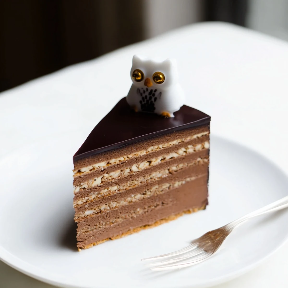 Imagine the Plaisirs Sucrés Hibou de la Nuit: an elegant French dessert with layers and rich flavors.