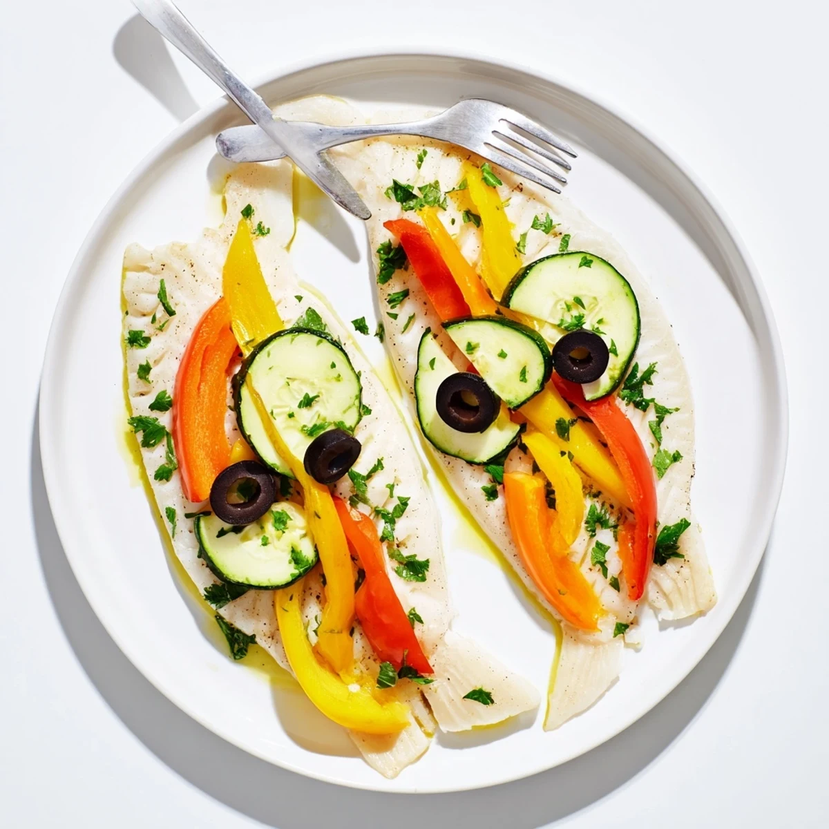 Light Fish-Shaped Meal, shaped like a fish, arranged beautifully with colorful vegetables and black olive eyes.