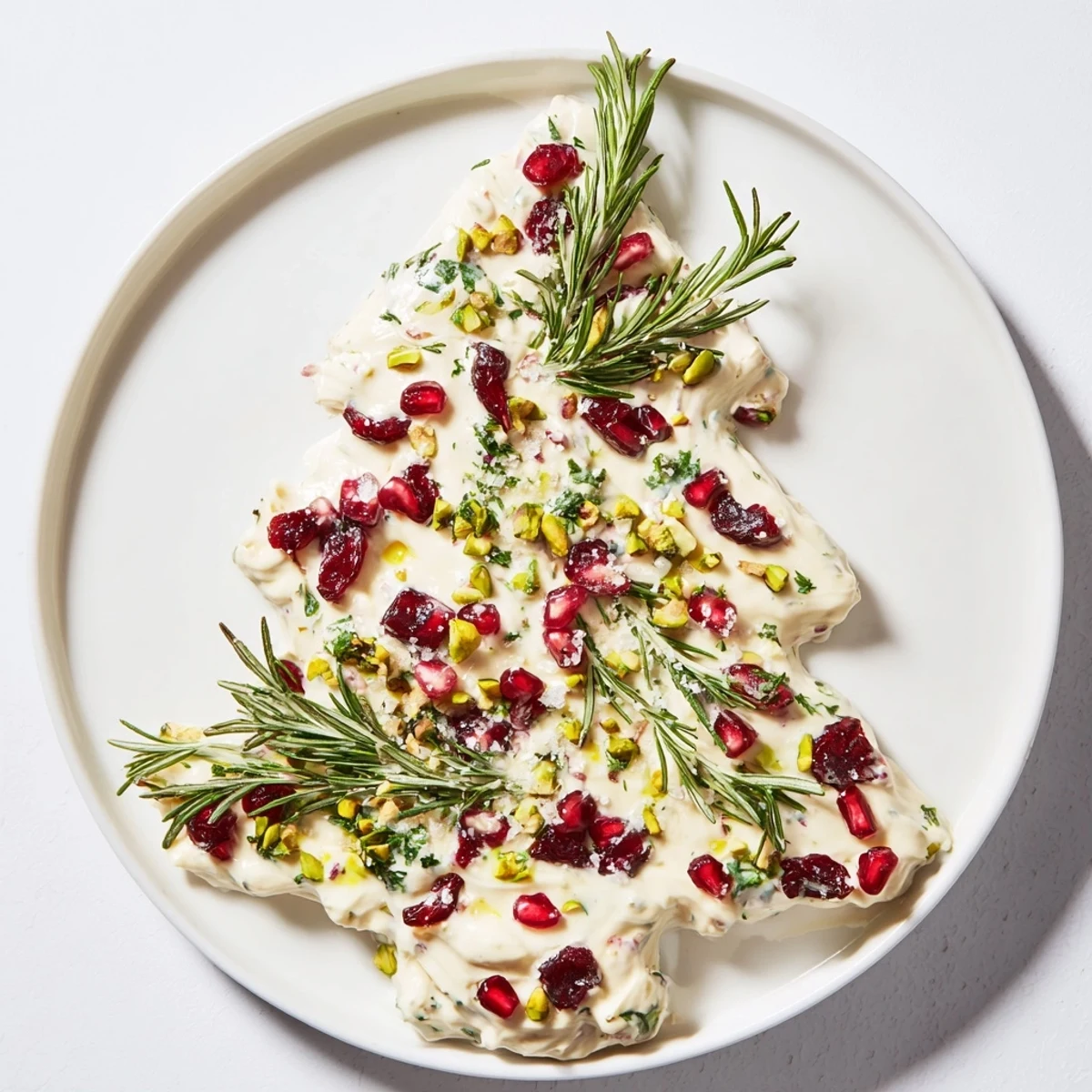 Festive Rosemary Cranberry Christmas Tree appetizer, a delicious cheese spread decorated with herbs and pomegranate.
