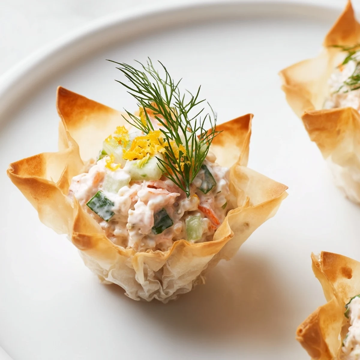 Golden, crispy Mini Star Cocktail Cups filled with chilled shrimp salad, ready for serving.