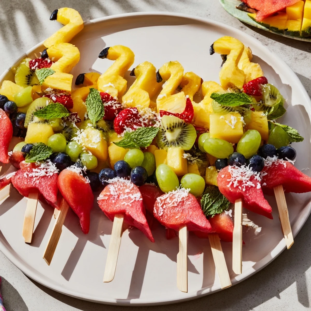 Vibrant Flamingo Fruit Skewer Platter, showcasing colorful tropical fruits, perfect for a summer gathering.