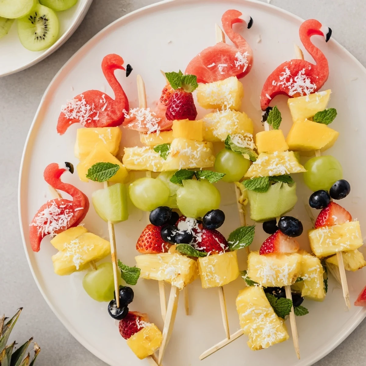 Cool, refreshing image of a Flamingo Fruit Skewer Platter, featuring juicy watermelon and mango on skewers.