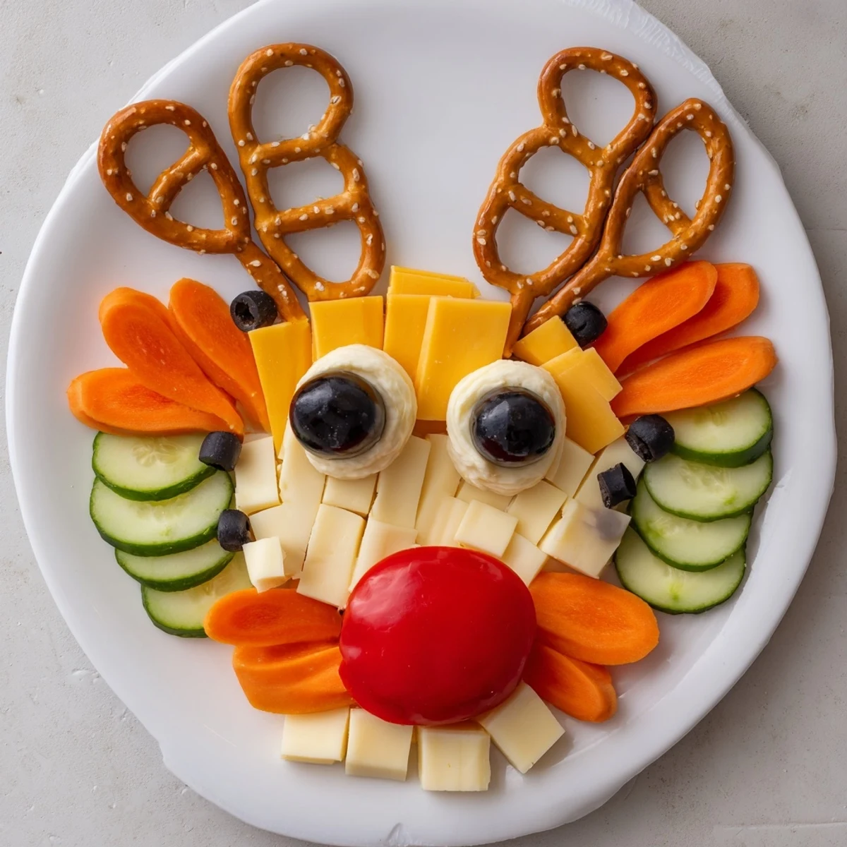 Cheesy Reindeer Face Platter: Colorful cheeses and crackers arranged as a smiling holiday snack for sharing.