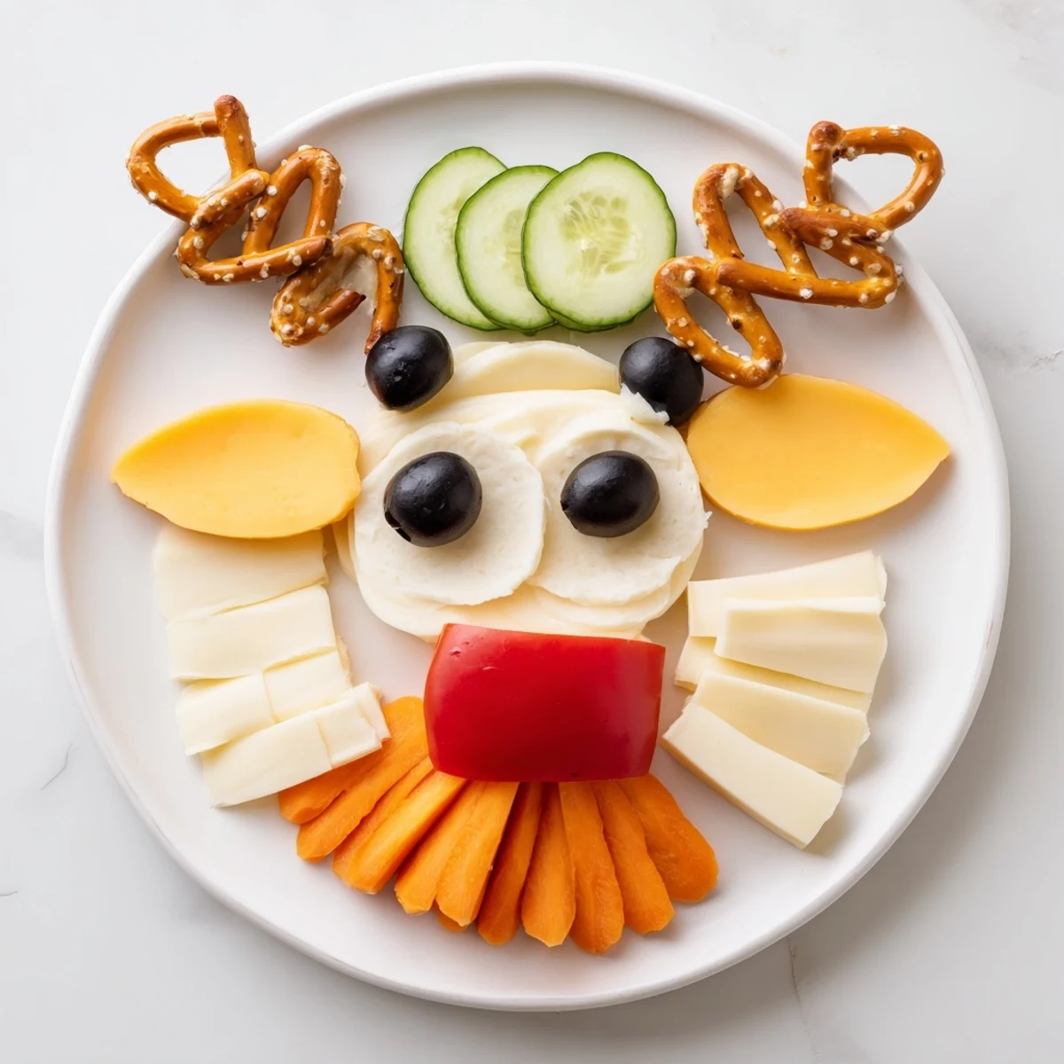 Festive Cheesy Reindeer Face Platter with olives and pepper rounds creating an adorable party appetizer.