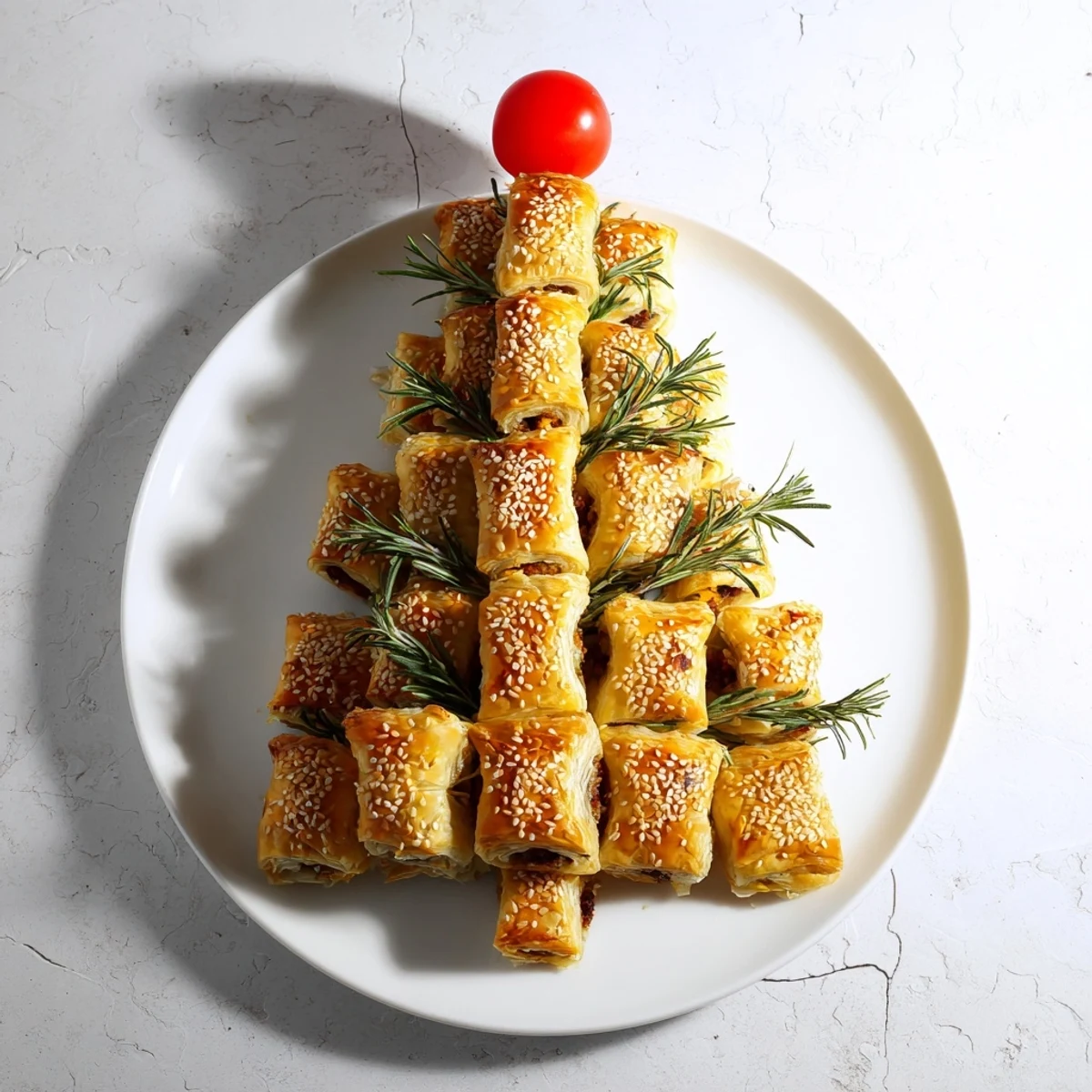 Festive close-up of delicious mini sausage rolls, forming a beautiful Christmas tree shape.