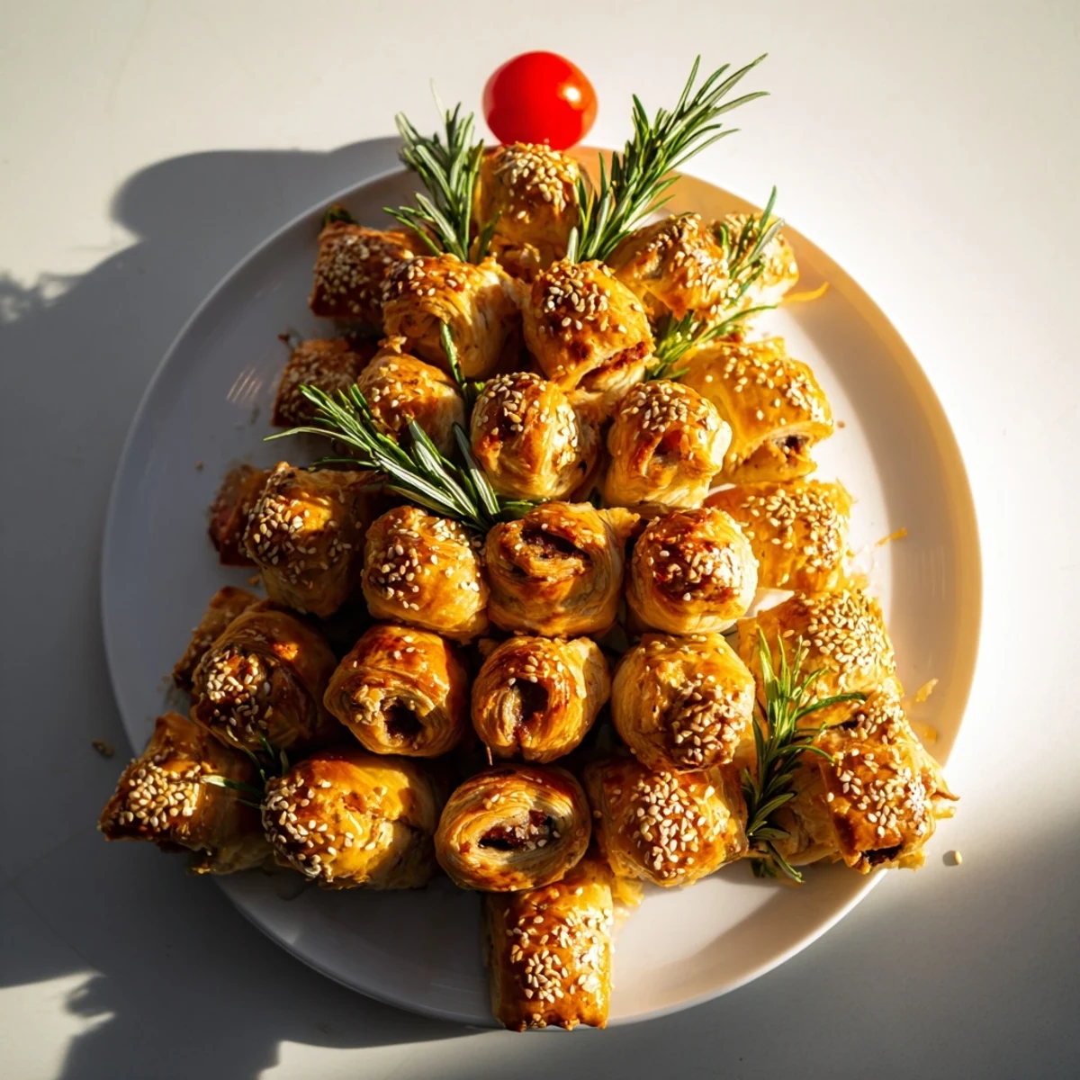 Flaky, baked mini sausage rolls arranged like a Christmas tree, ready to be served.