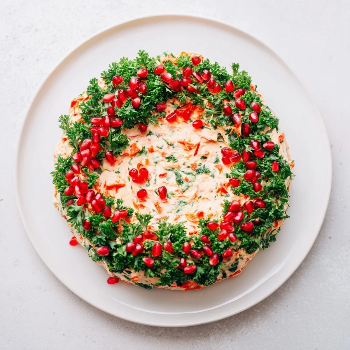 A creamy, festive red pepper and spinach dip wreath topped with parsley and pomegranate seeds.