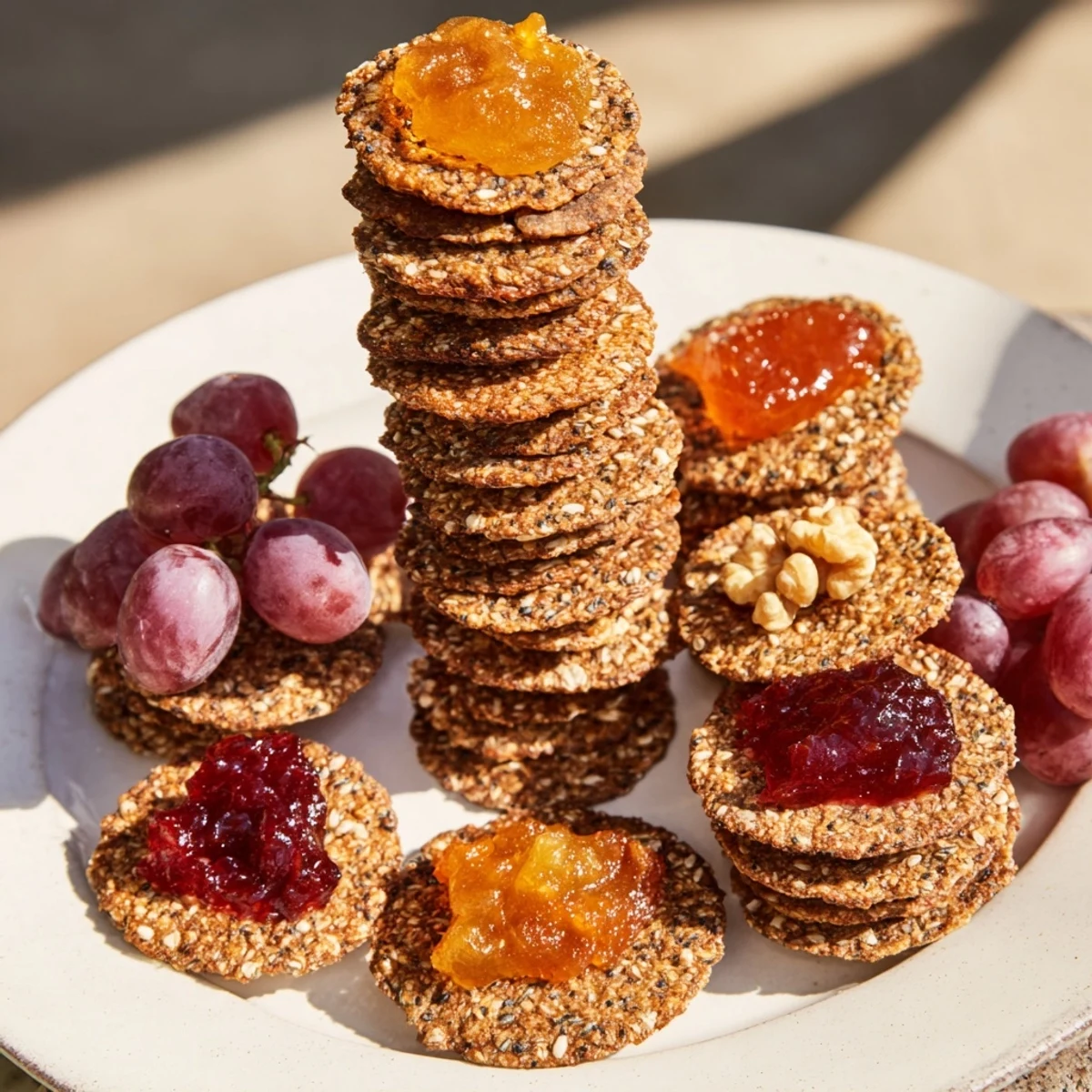 Artisanal gourmet crackers tower with vibrant preserves, perfect for a sophisticated appetizer.