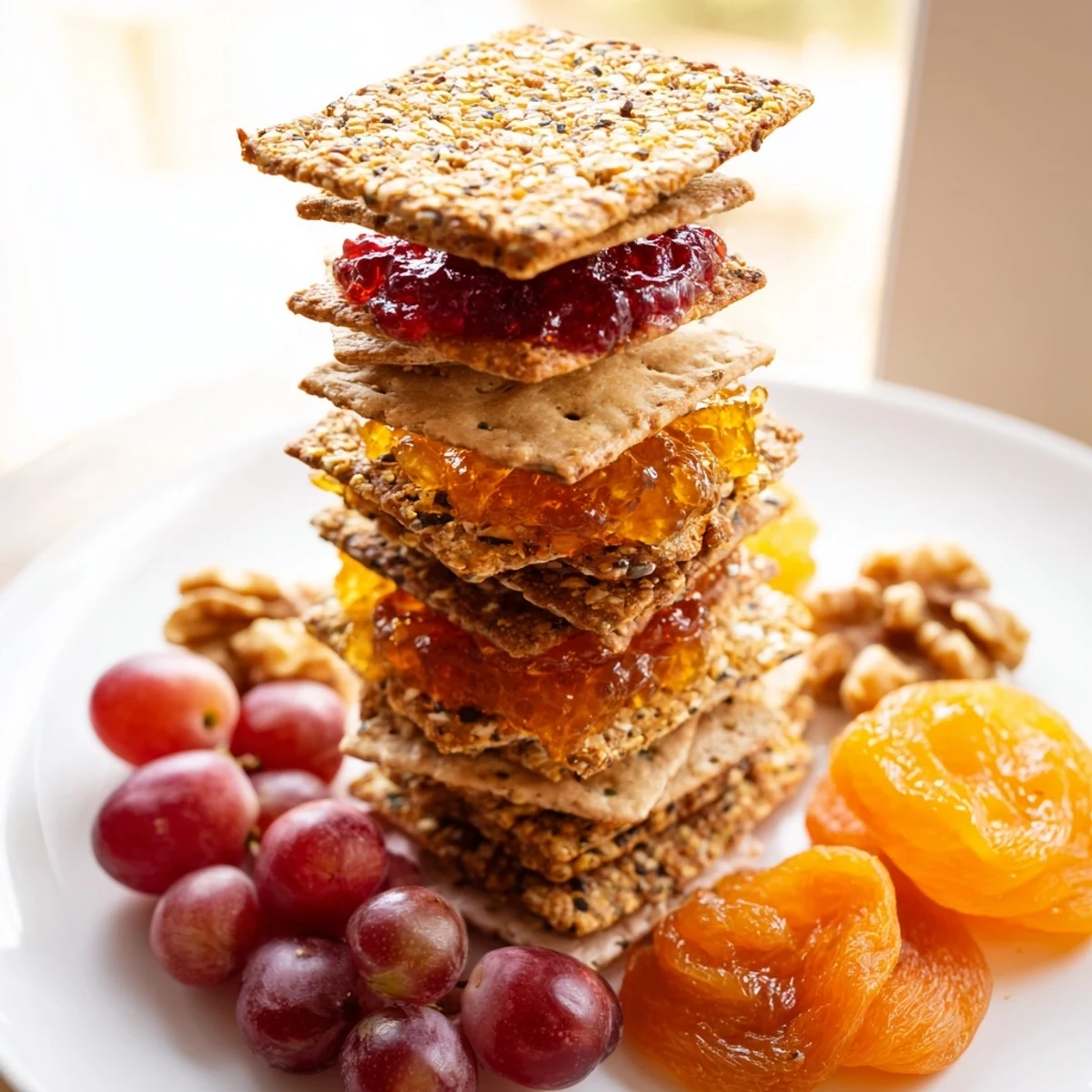 Stack of gourmet crackers arranged alongside fig jam and cheeses for easy entertaining.